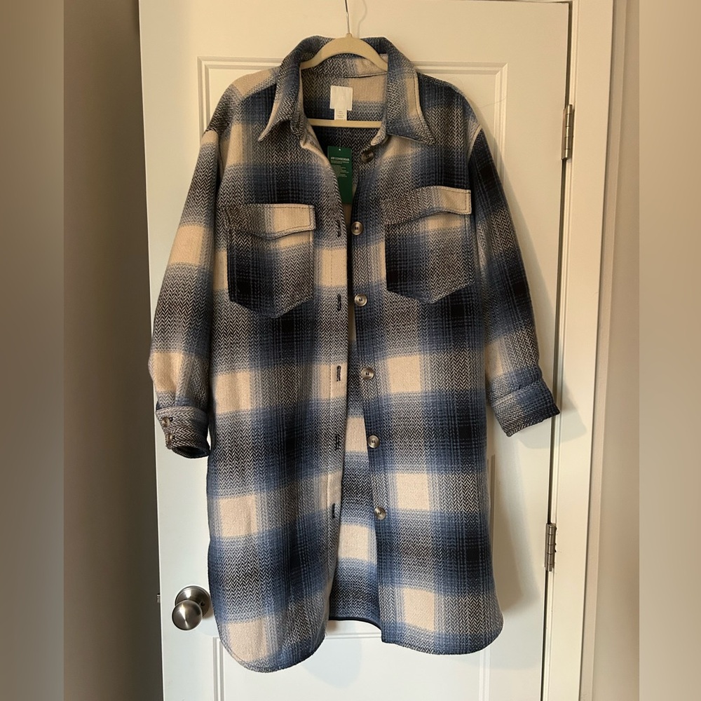 H&M Black Blue and Cream Plaid Long Shacket Jacket Coat L